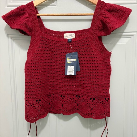 Universal Thread Tops - Universal Thread Womens Crochet Knit Tank Top Flutter Sleeve Red Size L